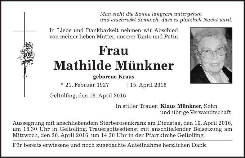 Traueranzeige Mathilde Münkner