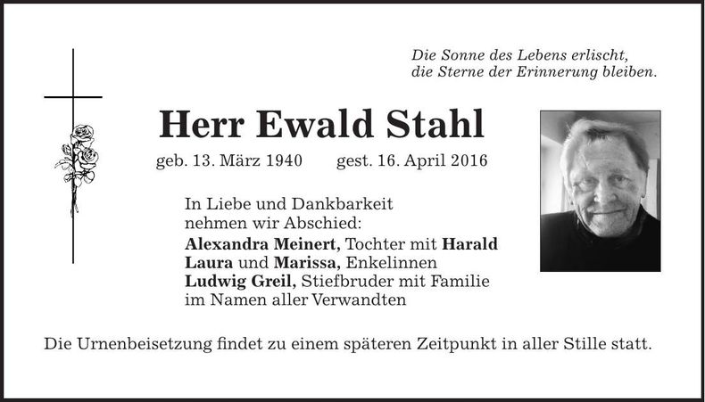 Traueranzeige Ewald Stahl