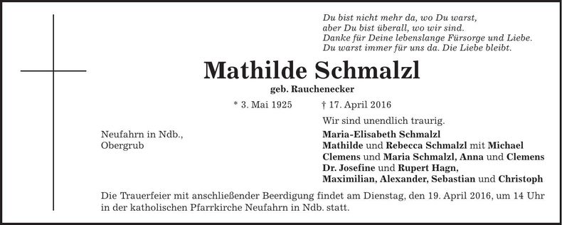 Traueranzeige Mathilde Schmalzl