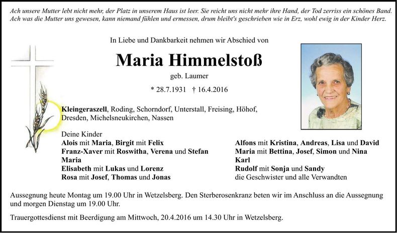 Traueranzeige Maria Himmelstoß