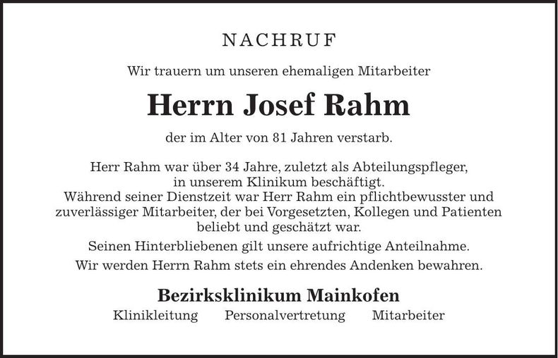 Traueranzeige Josef Rahm