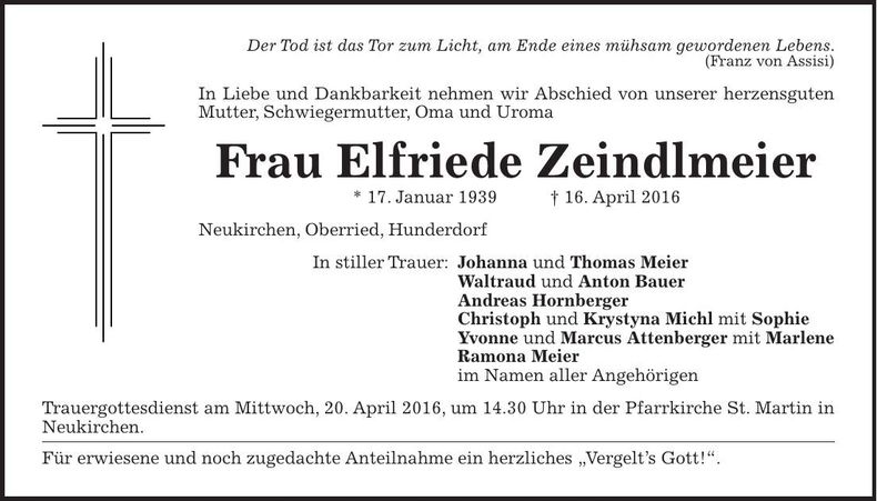 Traueranzeige Elfriede Zeindlmeier