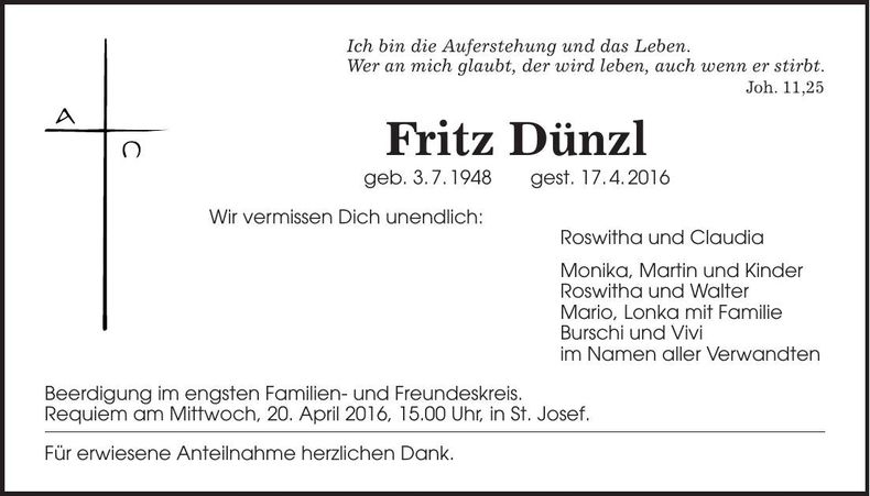 Traueranzeige Fritz Dünsl