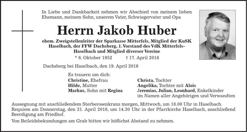 Traueranzeige Jakob Huber