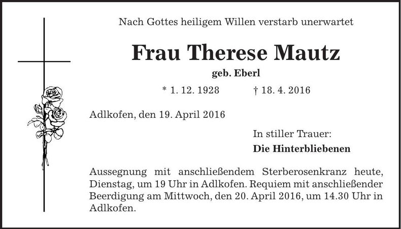 Traueranzeige Therese Mautz