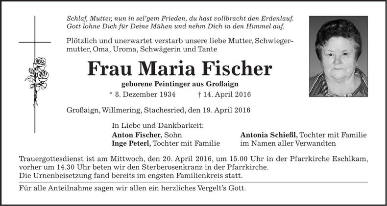Traueranzeige Maria Fischer