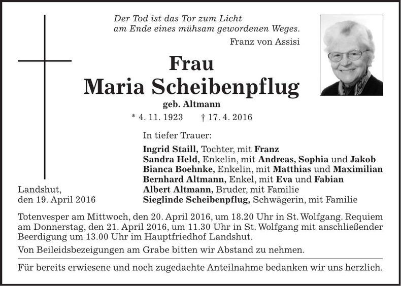 Traueranzeige Maria Scheibenpflug