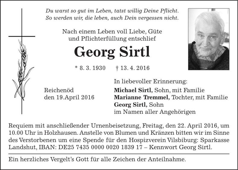Traueranzeige Georg Sirtl