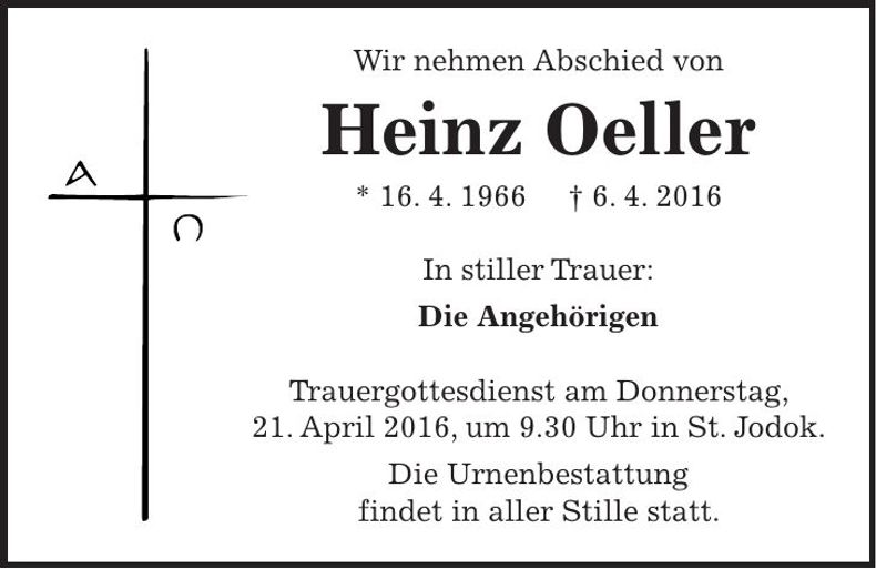 Traueranzeige Heinz Oeller