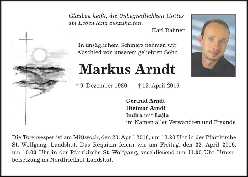 Traueranzeige Markus Arndt