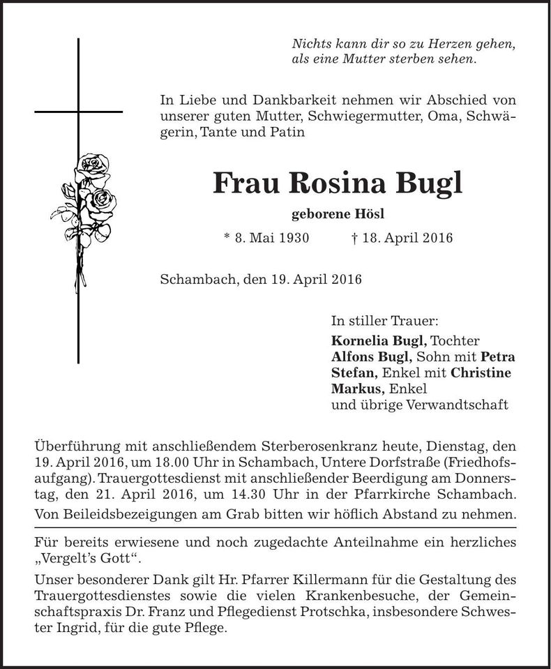 Traueranzeige Rosina Bugl