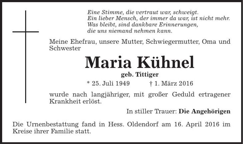 Traueranzeige Maria Kühnel
