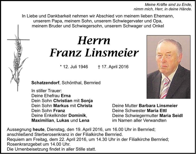 Traueranzeige Franz Linsmeier