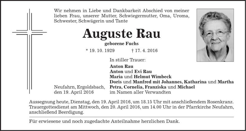 Traueranzeige Auguste Rau