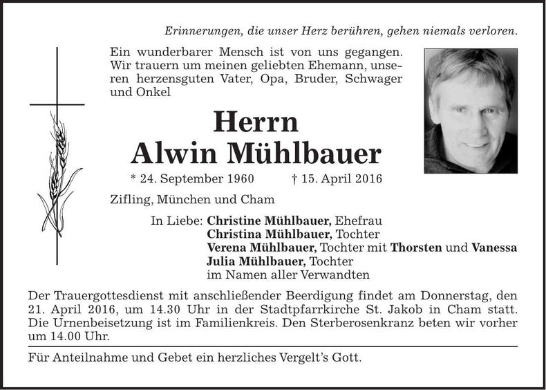 Traueranzeige Alwin Mühlbauer