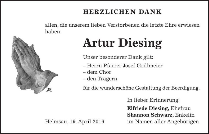 Traueranzeige Artur Diesing