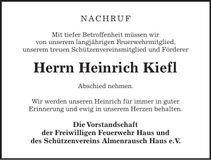 Traueranzeige Heinrich Kiefl