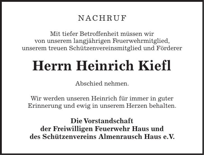 Traueranzeige Heinrich Kiefl