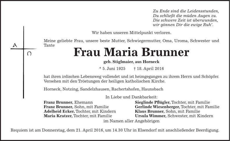 Traueranzeige Maria Brunner