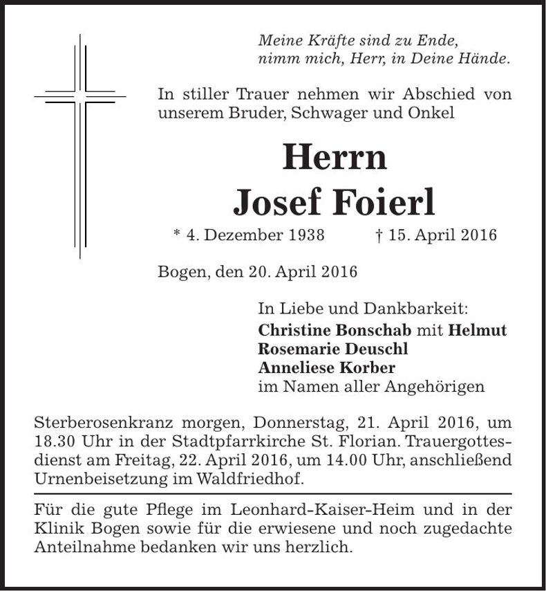 Traueranzeige Josef Foierl