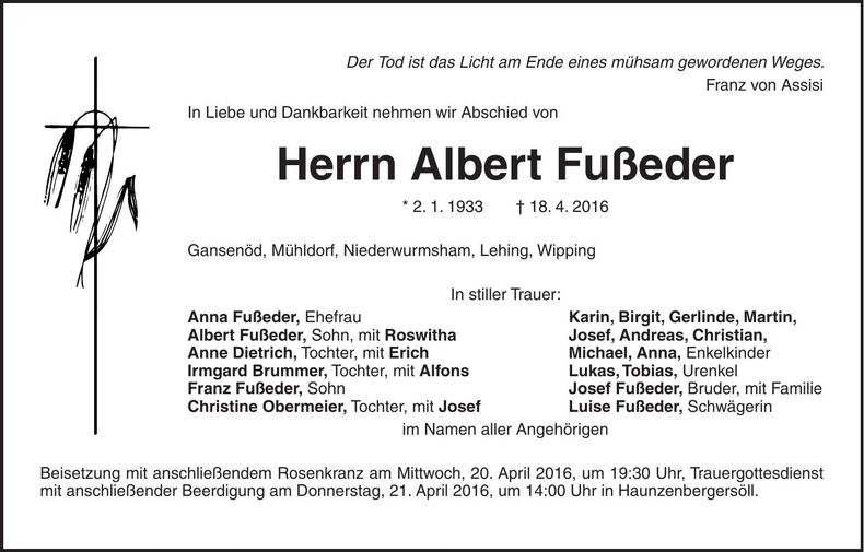 Traueranzeige Albert Fußeder