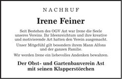 Traueranzeige Irene Feiner