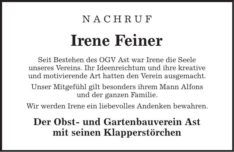 Traueranzeige Irene Feiner