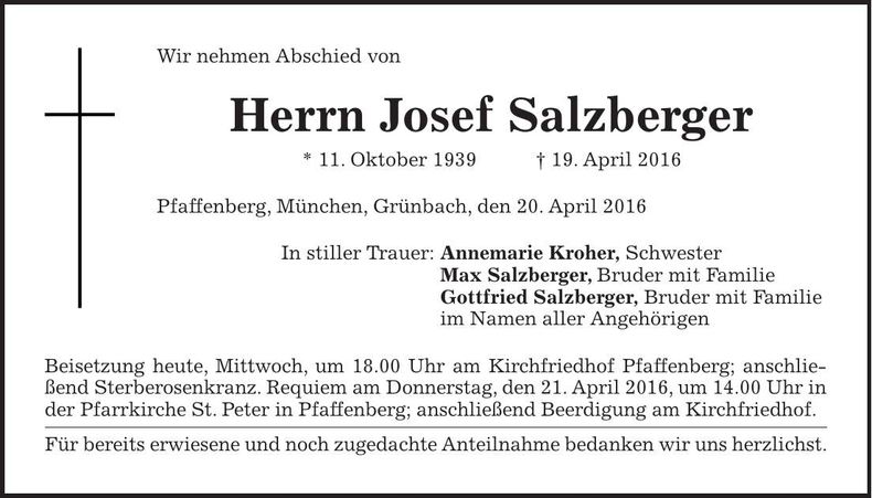 Traueranzeige Josef Salzberger