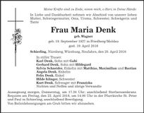 Traueranzeige Maria Denk