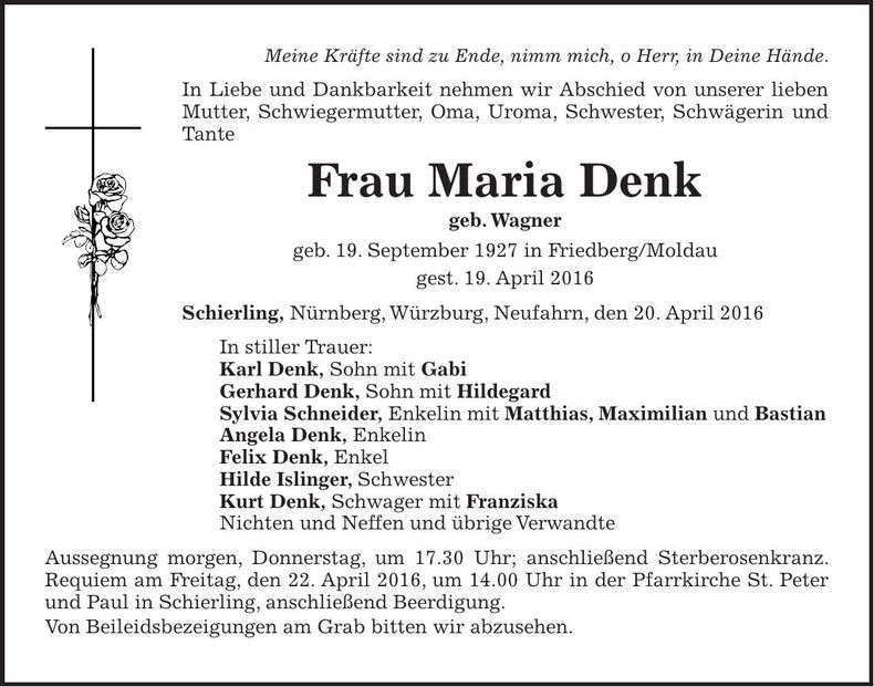 Traueranzeige Maria Denk