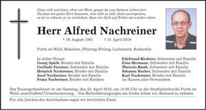 Traueranzeige Alfred Nachreiner