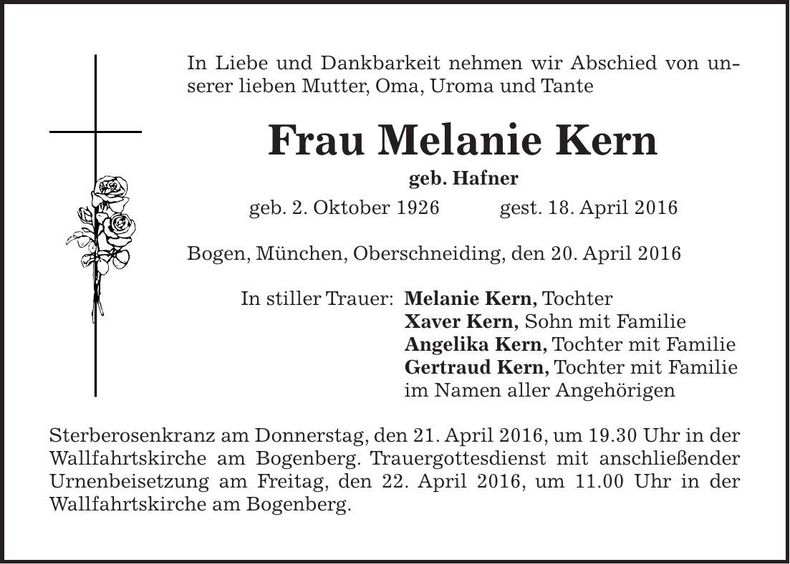 Traueranzeige Melanie Kern