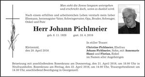 Traueranzeige Johann Pichlmeier