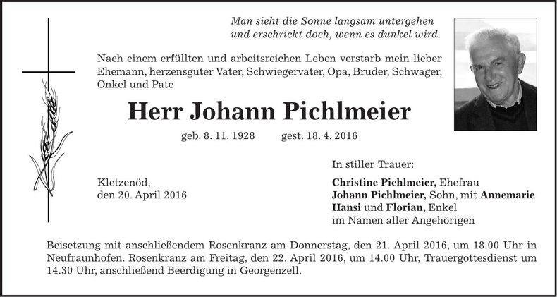 Traueranzeige Johann Pichlmeier