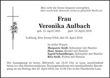 Traueranzeige Veronika Aulbach