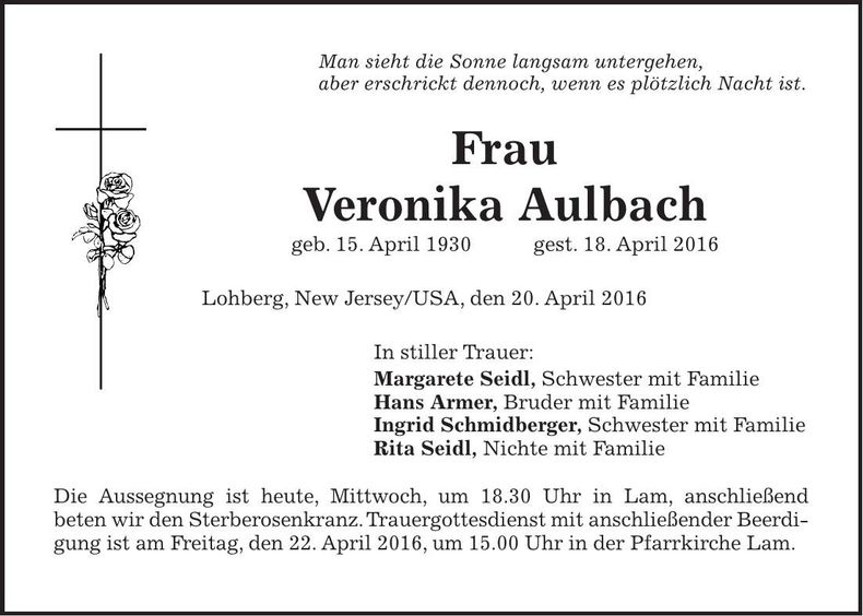 Traueranzeige Veronika Aulbach