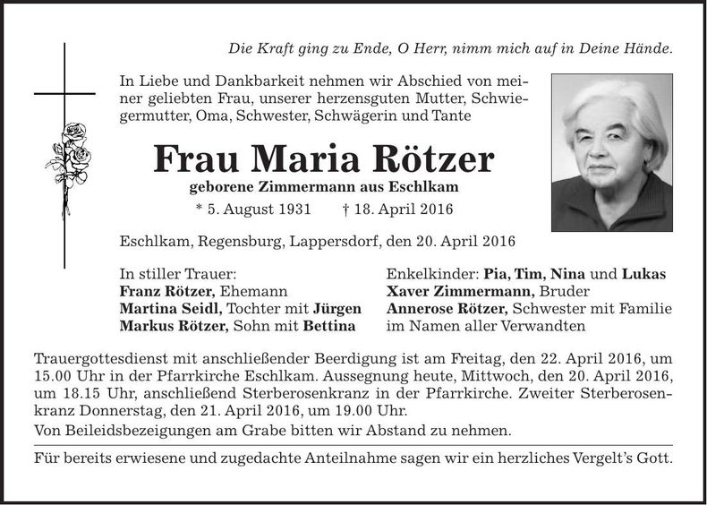 Traueranzeige Maria Rötzer