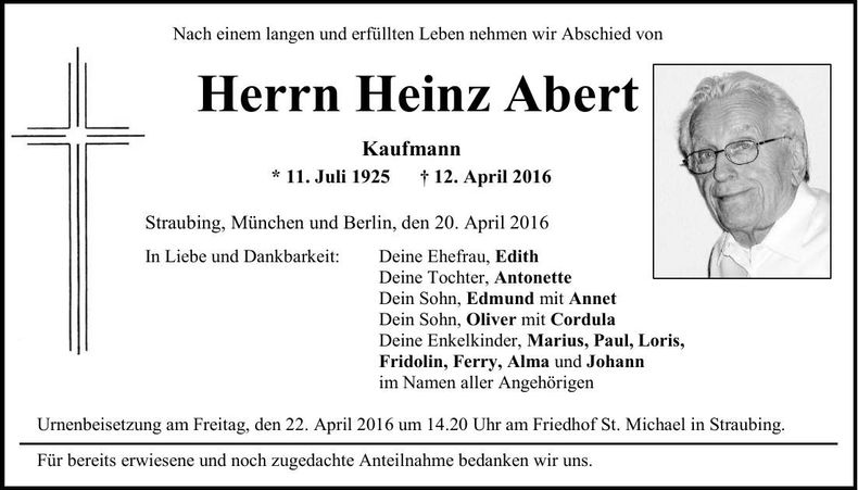 Traueranzeige Heinz Abert