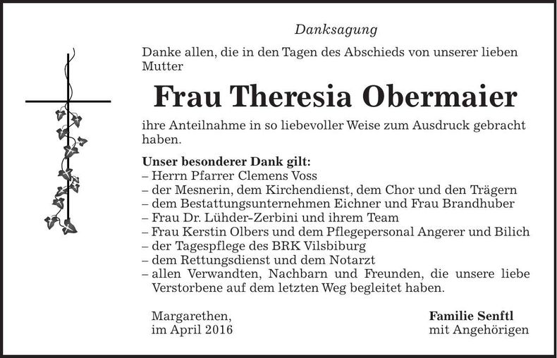 Traueranzeige Theresia Obermaier