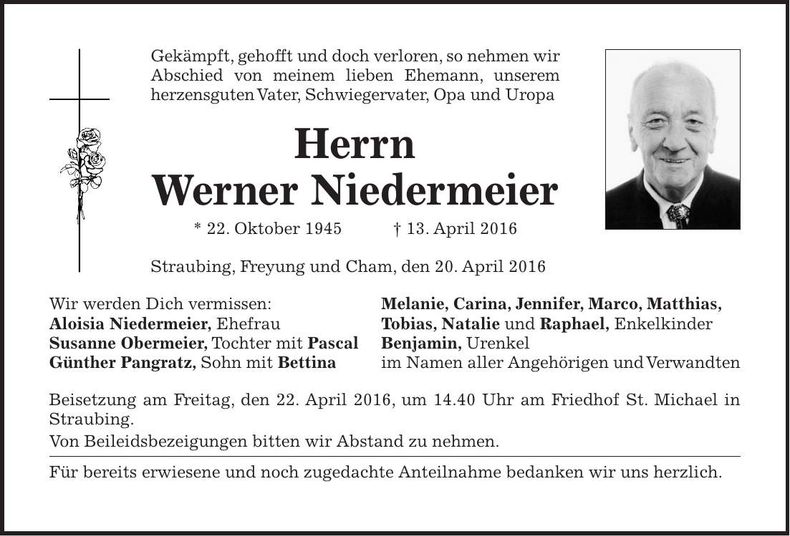 Traueranzeige Werner Niedermeier