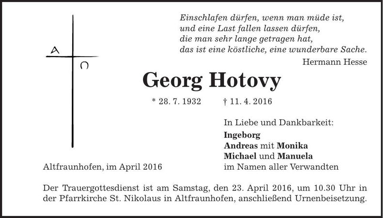 Traueranzeige Georg Hotovy