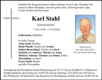 Traueranzeige Karl Stahl