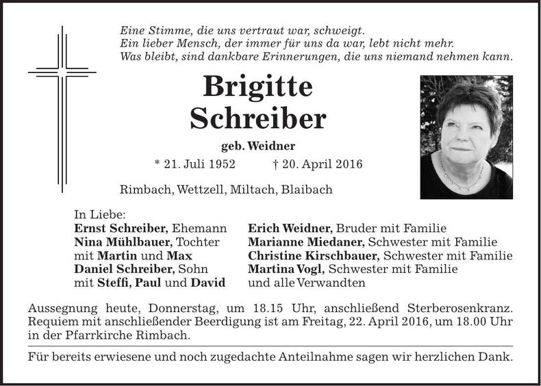 Traueranzeige Brigitte Schreiber