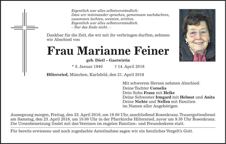 Traueranzeige Marianne Feiner