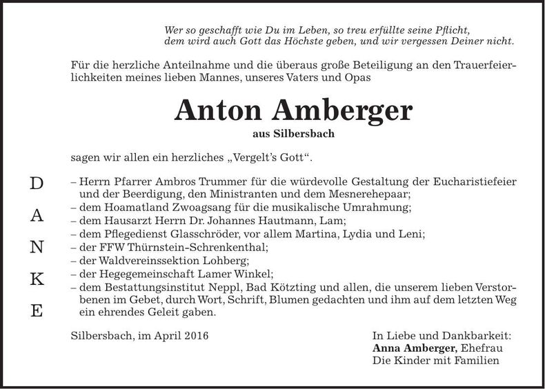 Traueranzeige Anton Amberger