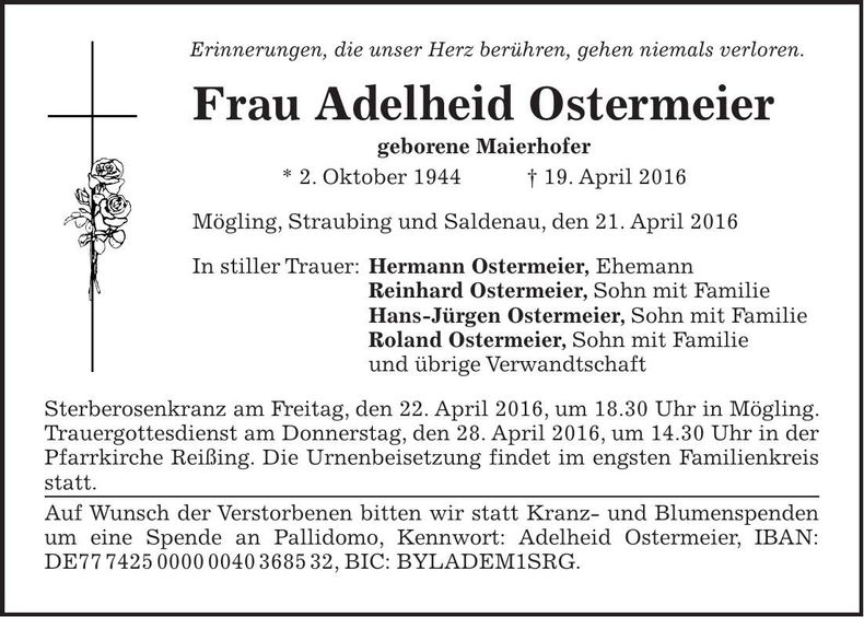 Traueranzeige Adelheid Ostermeier