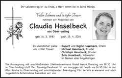 Traueranzeige Claudia Haselbeck