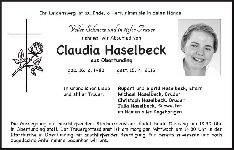 Traueranzeige Claudia Haselbeck