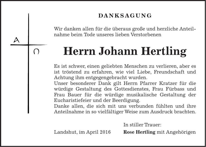Traueranzeige Johann Hertling