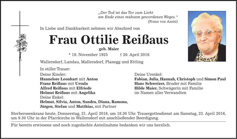 Traueranzeige Ottilie Reißaus